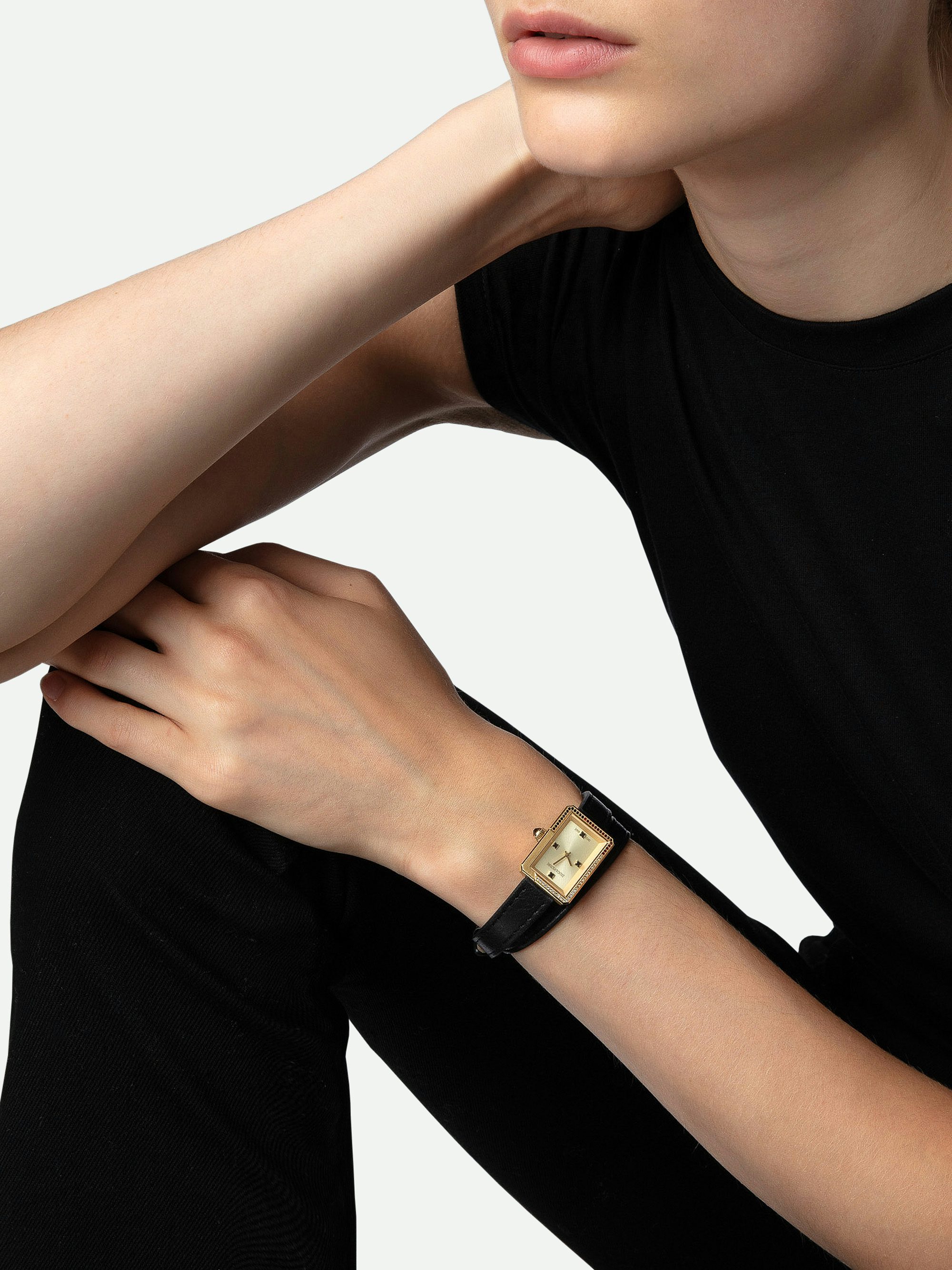 Cecilia Watch - Women’s rectangular diamanté dial gold-tone watch with double wrap leather strap.